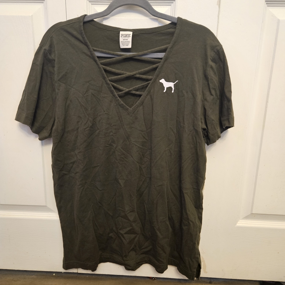 PINK Victoria's Secret Olive Crisscross V-Neck Tee